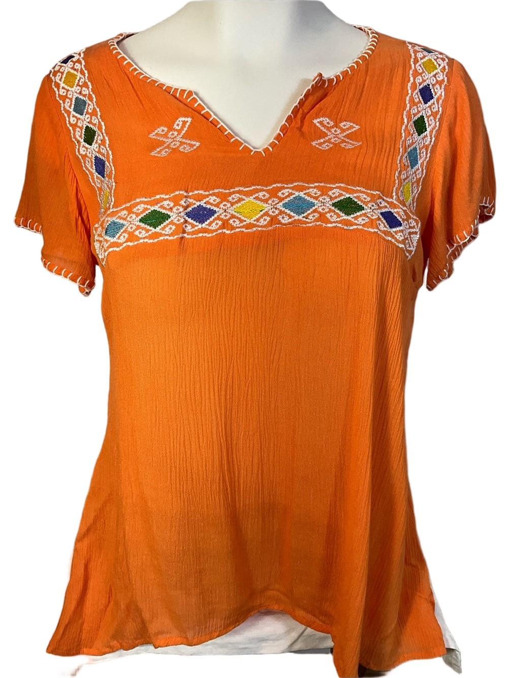 Raj Boho Orange Sheer Short Sleeve Embroidered Geometric Shape Blouse Size XL